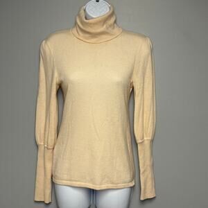 Neutral Minimalist Cream Wool Blend Y2K‎ Turtleneck Puff Sleeve Top Womens Sz S